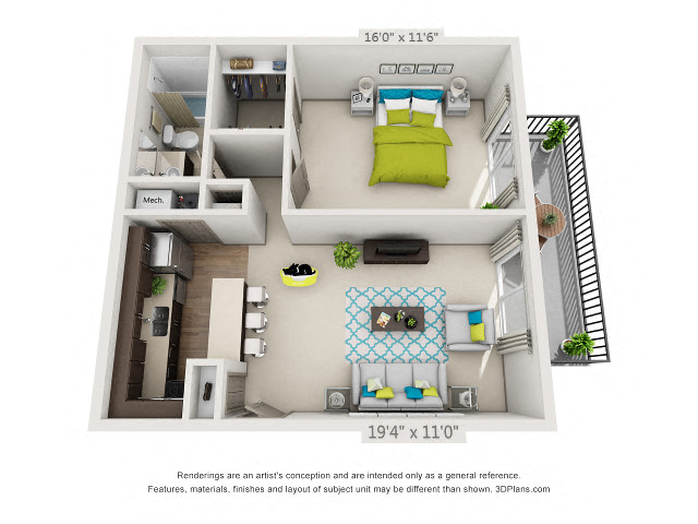 Floor plan for 1 bed, 1 bath, 672 sqft